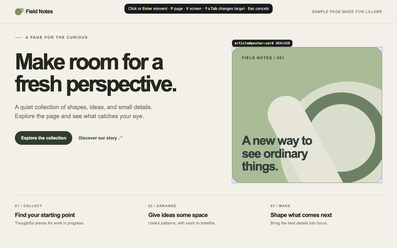 The actual LilLabr element picker highlighting the original Field Notes illustration in Chrome.